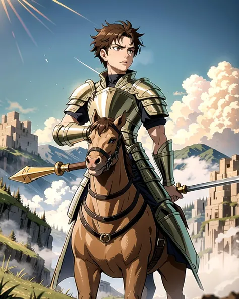 ((masterpiece), best quality, high quality, professional quality, highly detailed, highres, perfect lighting, natural lighting), Knight Charging into battle on horseback, wielding a lance and clad in heavy armor, Maverick, Average Height, Muscular, Round Face, Olive Skin, Dark Brown Hair, Hazel Eyes with Green Flecks, Narrow Nose, Pouty Lips, Receding Chin, Garibaldi, Buzz Cut, Afro, Misty mountains towering over a vast, misty valley
