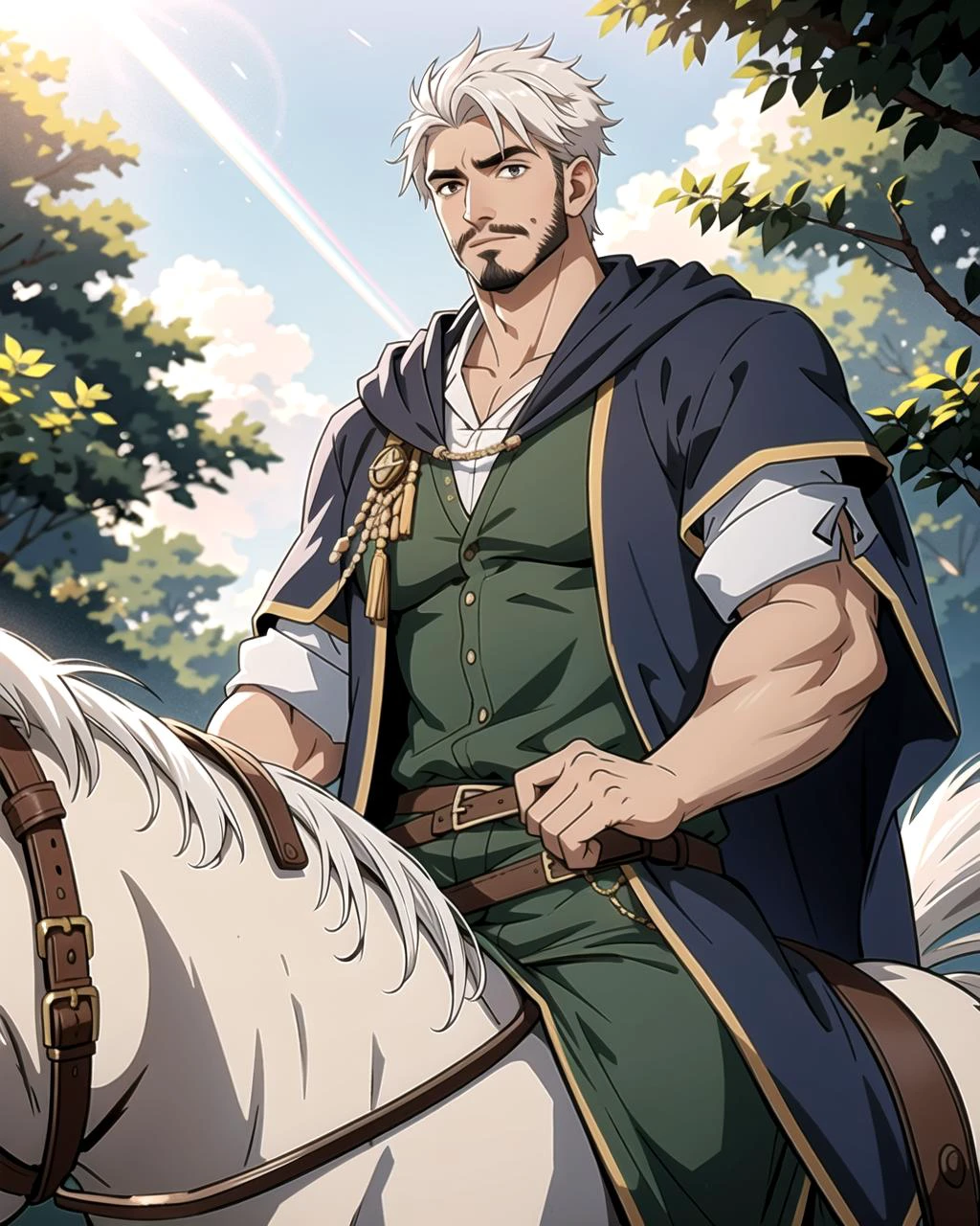 ((masterpiece), best quality, high quality, professional quality, highly detailed, highres, perfect lighting, natural lighting), (1boy, muscular, handsome, facial hair, short hair, white hair), wearing wizard robes, riding a horse, outdoors