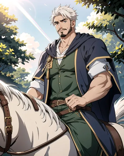 ((masterpiece), best quality, high quality, professional quality, highly detailed, highres, perfect lighting, natural lighting), (1boy, muscular, handsome, facial hair, short hair, white hair), wearing wizard robes, riding a horse, outdoors