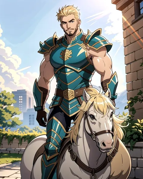 ((masterpiece), best quality, high quality, professional quality, highly detailed, highres, perfect lighting, natural lighting), (1boy, muscular, handsome, facial hair, short hair, blonde hair), wearing armor, riding a dragon, outdoors