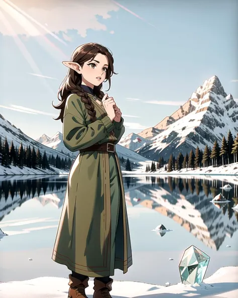 ((masterpiece), best quality, high quality, professional quality, highly detailed, highres, perfect lighting, natural lighting), middle earth, Hobbit Inspiring their allies with rousing music, Mentor, Tall, Athletic, Triangular Face, Olive Skin, Dark Brown Hair, hazel Eyes, Wide Nose, Thick Lips, Round Chin, Bandholz, Medium, Faux Hawk, A frozen tundra, with icy peaks and frozen lakes stretching as far as the eye can see, Tolkien