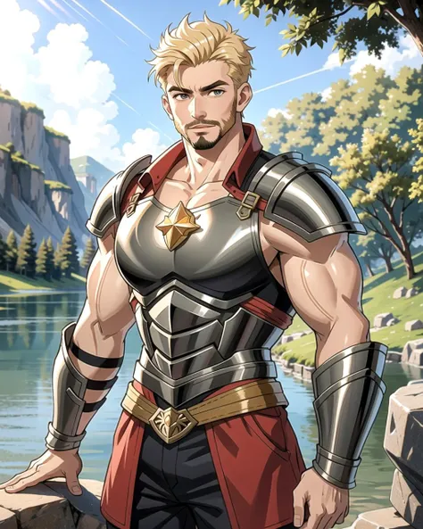 ((masterpiece), best quality, high quality, professional quality, highly detailed, highres, perfect lighting, natural lighting), (1boy, muscular, handsome, facial hair, short hair, blonde hair), wearing armor, casting a spell, by a lake