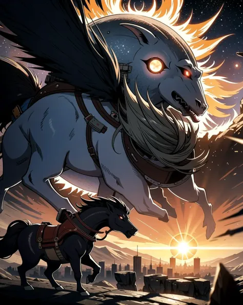 ((masterpiece), best quality, high quality, professional quality, highly detailed, highres, perfect lighting, natural lighting), time-bending, interstellar spaceship, A tidally locked planet, with one side always facing its sun and the other perpetually shrouded in darkness., Cyberpunk City, hippogriff, troll, vampire