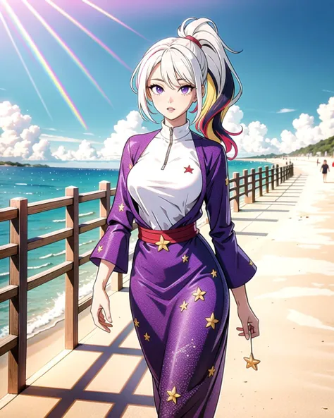 ((masterpiece), best quality, high quality, professional quality, highly detailed, highres, perfect lighting, natural lighting), (1girl, beautiful, medium breasts, (multicolored hair, purple hair,blonde hair,white hair, long hair, high ponytail), perfecteyes eyes), (wearing starfish print, extremelyBeautiful_beautifulclotheswild/Extremely beautiful clothes), on the beach, walking the boardwalk, <lyco:locon_perfecteyes_v1_from_v1_64_32:0.6>