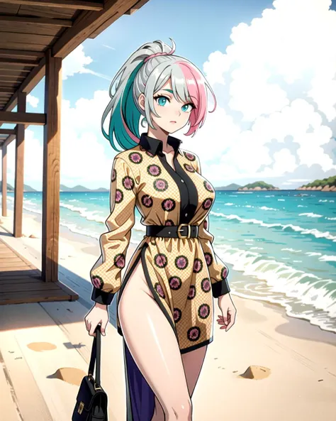 ((masterpiece), best quality, high quality, professional quality, highly detailed, highres, perfect lighting, natural lighting), (1girl, beautiful, medium breasts, (multicolored hair, pink hair,green hair,silver hair, long hair, high ponytail), perfecteyes eyes), (wearing leopard print, extremelyBeautiful_beautifulclotheswild/Extremely beautiful clothes), on the beach, walking the boardwalk, <lyco:locon_perfecteyes_v1_from_v1_64_32:0.6>