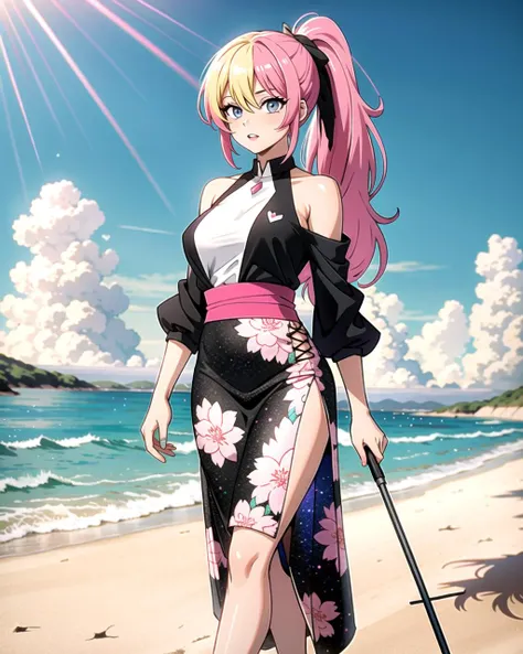 ((masterpiece), best quality, high quality, professional quality, highly detailed, highres, perfect lighting, natural lighting), (1girl, beautiful, medium breasts, (multicolored hair, green hair,blonde hair,purple hair, long hair, high ponytail), perfecteyes eyes), (wearing crocodile texture print, extremelyBeautiful_beautifulclotheswild/Extremely beautiful clothes), on the beach, walking the boardwalk, <lyco:locon_perfecteyes_v1_from_v1_64_32:0.6>