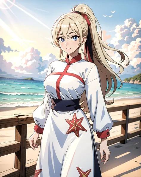 ((masterpiece), best quality, high quality, professional quality, highly detailed, highres, perfect lighting, natural lighting), (1girl, beautiful, medium breasts, (multicolored hair, brown hair,white hair,blonde hair, long hair, high ponytail), perfecteyes eyes), (wearing starfish print, extremelyBeautiful_beautifulclotheswild/Extremely beautiful clothes), on the beach, walking the boardwalk, <lyco:locon_perfecteyes_v1_from_v1_64_32:0.6>