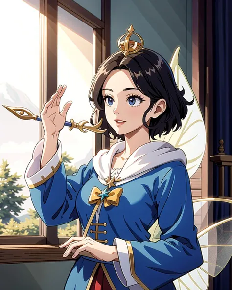 ((masterpiece), best quality, high quality, professional quality, highly detailed, highres, perfect lighting, natural lighting), beautiful, fairy godmother, waving wand, granting a wish, making dreams come true