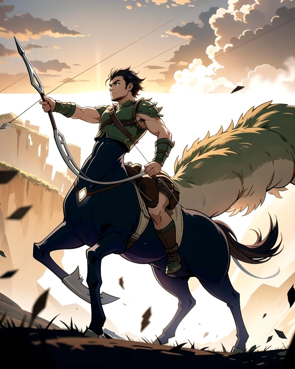 ((masterpiece), best quality, high quality, professional quality, highly detailed, highres, perfect lighting, natural lighting), male centaur, charging, bow and arrow drawn, in battle against monsters