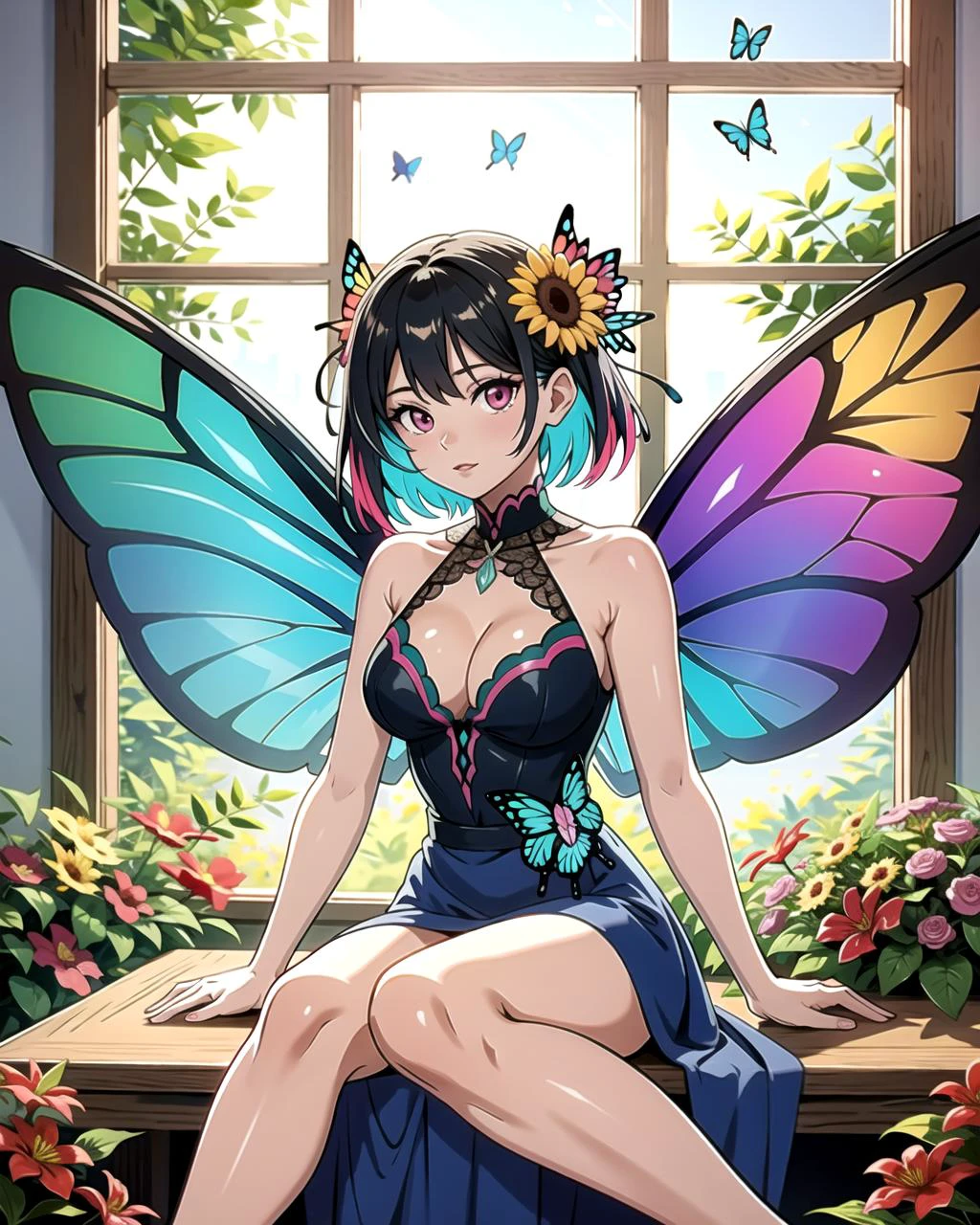 ((masterpiece), best quality, high quality, professional quality, highly detailed, highres, perfect lighting, natural lighting), beautiful fairy, butterfly wings, multicolored wings, translucent wings, sitting, on flower