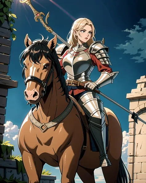 ((masterpiece), best quality, high quality, professional quality, highly detailed, highres, perfect lighting, natural lighting), knight, wearing armor, holding weapon, horseback, stallion, battle against orcs