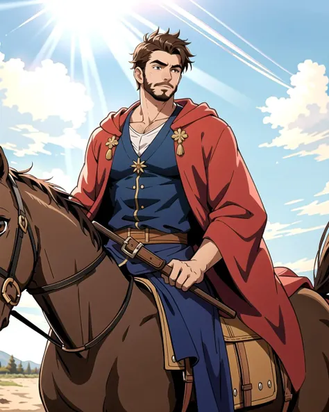 ((masterpiece), best quality, high quality, professional quality, highly detailed, highres, perfect lighting, natural lighting), (1boy, muscular, handsome, facial hair, short hair, brown hair), wearing wizard robes, riding a horse, outdoors