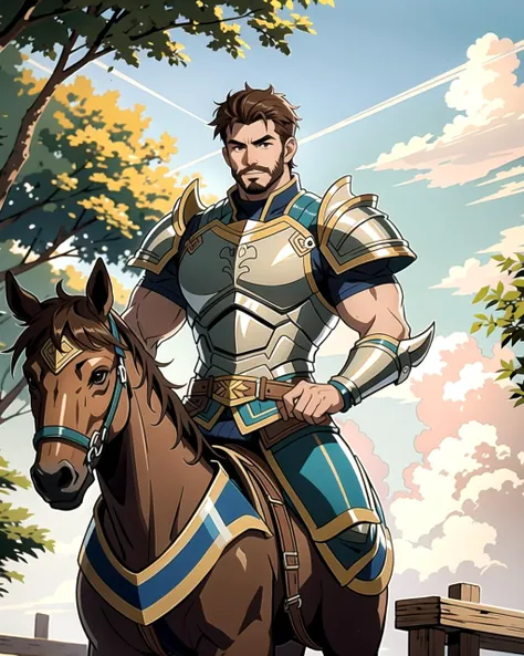 ((masterpiece), best quality, high quality, professional quality, highly detailed, highres, perfect lighting, natural lighting), (1boy, muscular, handsome, facial hair, short hair, brown hair), wearing armor, riding a horse, outdoors