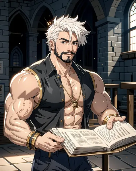 ((masterpiece), best quality, high quality, professional quality, highly detailed, highres, perfect lighting, natural lighting), (1boy, muscular, handsome, facial hair, short hair, white hair), wearing fantasy clothing, casting a spell, in a castle
