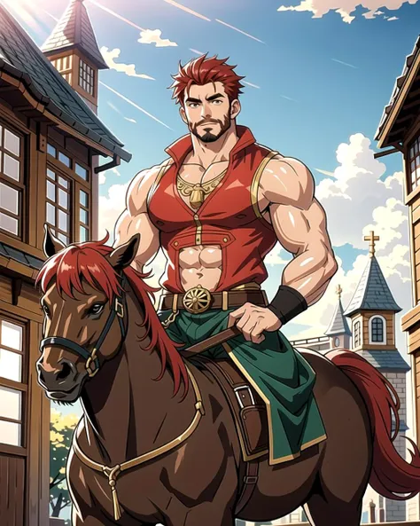 ((masterpiece), best quality, high quality, professional quality, highly detailed, highres, perfect lighting, natural lighting), (1boy, muscular, handsome, facial hair, short hair, red hair), wearing fantasy clothing, riding a horse, in a fantasy town