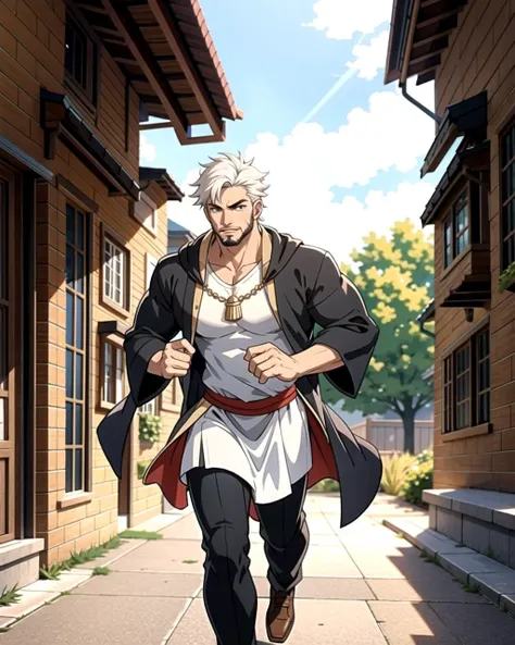 ((masterpiece), best quality, high quality, professional quality, highly detailed, highres, perfect lighting, natural lighting), (1boy, muscular, handsome, facial hair, short hair, white hair), wearing wizard robes, running, outdoors