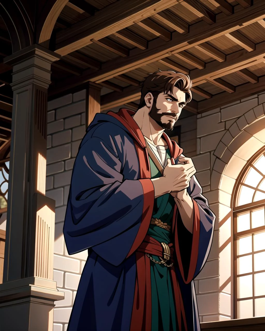 ((masterpiece), best quality, high quality, professional quality, highly detailed, highres, perfect lighting, natural lighting), (1boy, muscular, handsome, facial hair, short hair, brown hair), wearing wizard robes, fighting, in a castle