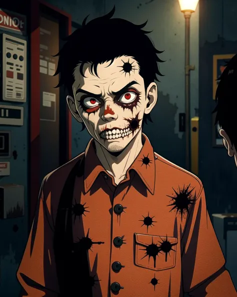1boy, zombie, rotting flesh, decaying, horror, disgusting, monstrosity, strange, weird, shocking, odd, bizarre, cartoonish