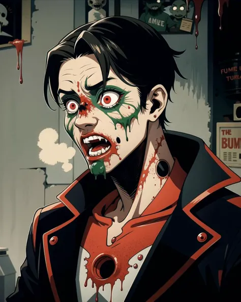 1boy, zombie, rotting flesh, decaying, horror, disgusting, monstrosity, strange, weird, shocking, odd, bizarre, cartoonish