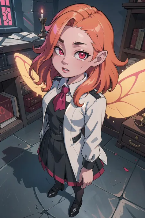 (masterpiece, best_quality, ultra-detailed, immaculate:1.3), epic, illustration, 1girl, (psychotic Cryptid Academia:1.3) catgirl, full body, [:revealing costume design,:0.2], official art, albino, soft shiny red-orange lighting from above, in an gloomy, fairy tale artifact storage room, bombshell hair, shiny crimson hair with pink highlights, Pulled Back Bob,hair over one eye, forehead-to-forehead<lyco:EnvyBeautyMix42:1>
