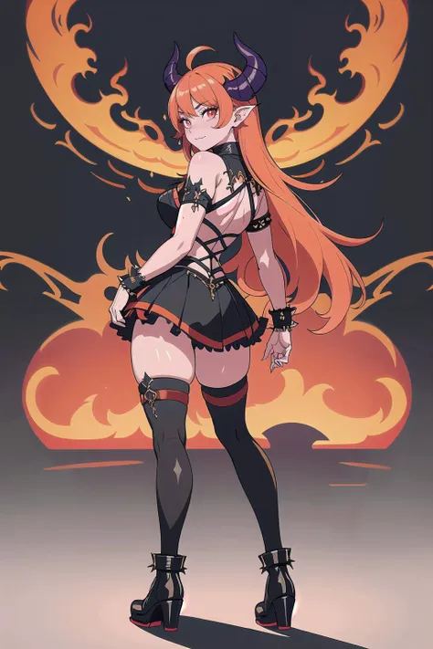 goth, multiple girls, (masterpiece, best_quality, ultra-detailed, immaculate:1.3), epic, illustration, 1girl, (demonic, infernal:1.25), (full body:1.3), hair, (spines:1.3), from behind, thighhigh boots, fiery orange lighting, incubus, claws, sweaty, pastel azure skin, (in an inferno:1.2), on dieselpunk Coruscant, bombshell hair, bright peach hair, Faux Hawk,ahoge, standing on one leg<lyco:EnvyGoth01:1>
