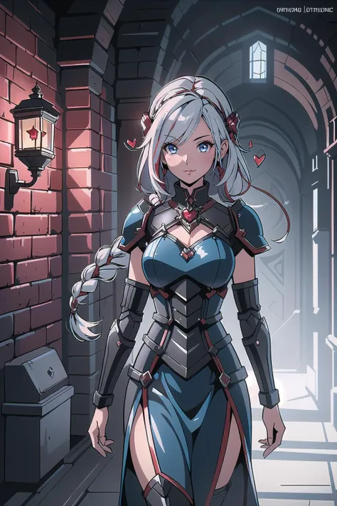 multiple girls, (masterpiece, best_quality, ultra-detailed, immaculate:1.3), epic, illustration, warmage , sexy armor, shiny crimson hair with blue-grey highlights, long bombshell hair, walking, in a frostpunk, artificial dungeon cell, at the top of a lighthouse, bombshell hair, light white hair, Heart Braid, arm behind back / arms behind back<lora:EnvyBeautyMix26:1>
