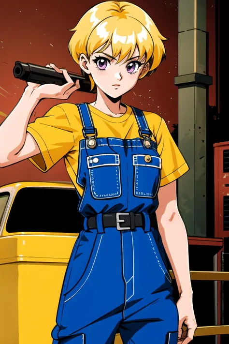 pc98,1girl,purple eyes,very short blonde hair in a pixie cut,small breasts,standing,holding gun,facing viewer,(wearing canvas coverall), <lora:pc98-v1:0.9>