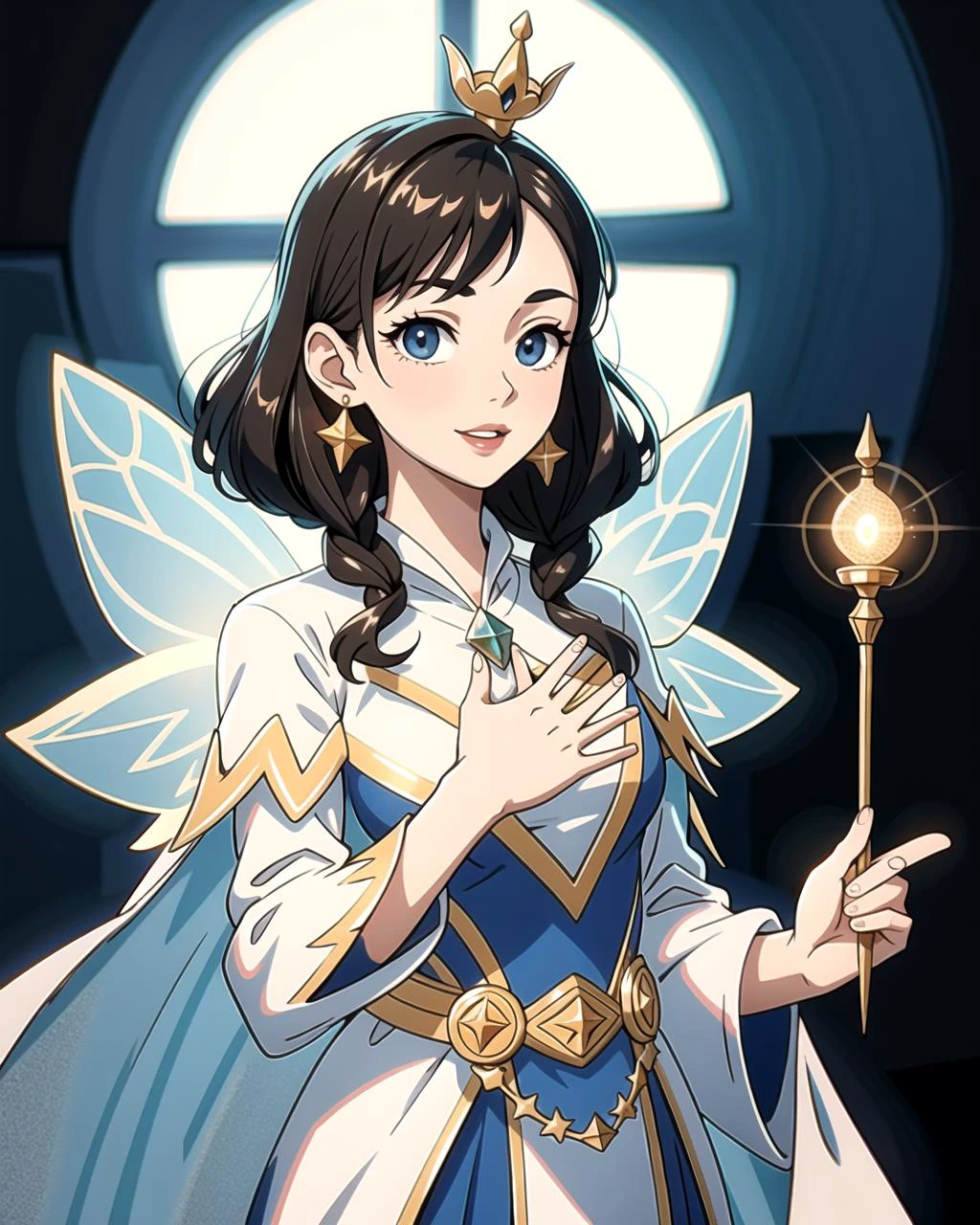 ((masterpiece), best quality, high quality, professional quality, highly detailed, highres, perfect lighting, natural lighting), beautiful, fairy godmother, waving wand, granting a wish, making dreams come true