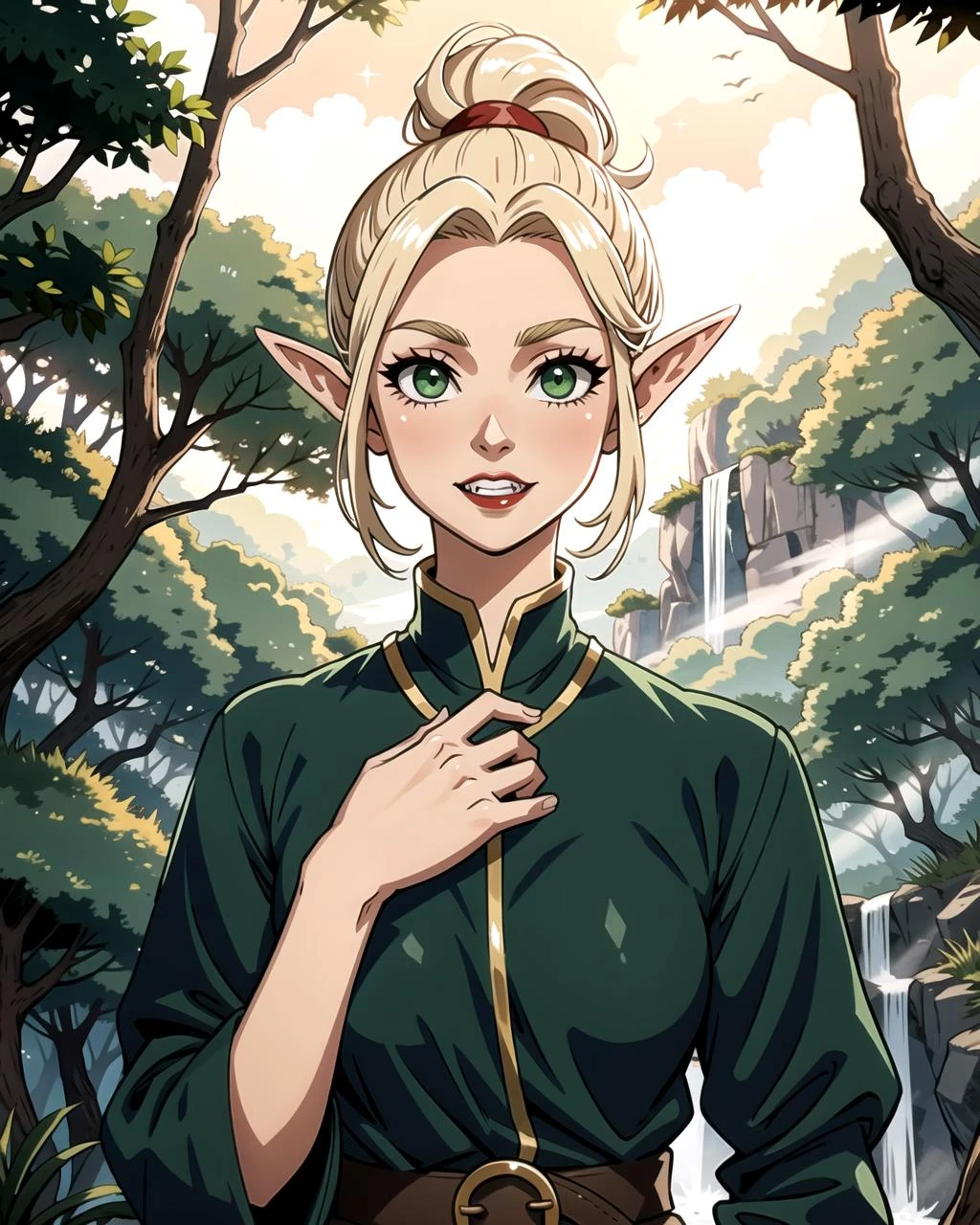 ((masterpiece), best quality, high quality, professional quality, highly detailed, highres, perfect lighting, natural lighting), unsettling, vampire with fangs, Dark Skin, Brunette with a high ponytail and sleek straight hair, orange velvet lipstick, A moonlit forest shrouded in mist, with a silhouette lurking in the distance, griffin,middle earth, Alchemist Mixing together volatile chemicals to create powerful explosives, Savior, Tall, Ripped, Oval Face, Tan Skin, Platinum Blonde Hair, green Eyes, Short Nose, Thin Lips, Round Chin, Chinstrap, Bald, Afro, A lush elven forest, filled with towering trees and sparkling streams, Tolkien