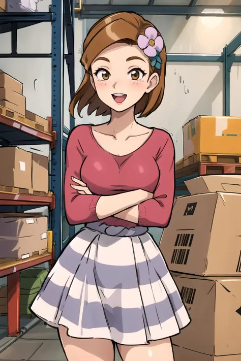 1girl,aromalady,standing,skirt,crossed arms,happy,:d,in warehouse, <lora:AromaLady:0.7>