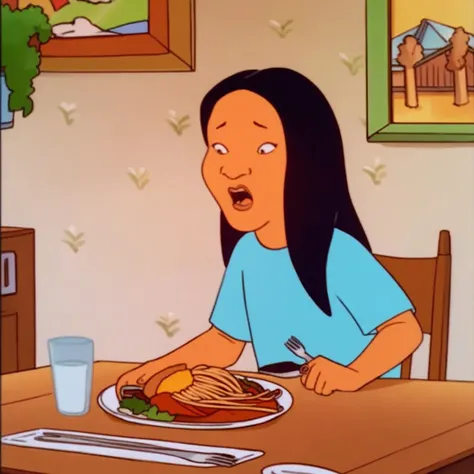 score_9, score_8_up, score_7_up, score_6_up, score_5_up, score_4_up, BREAK connie_souphanousinphone, 1girl, fork, solo, pasta, spaghetti, food, plate, long hair, shirt, blue shirt, chair, short sleeves, indoors, table, open mouth
