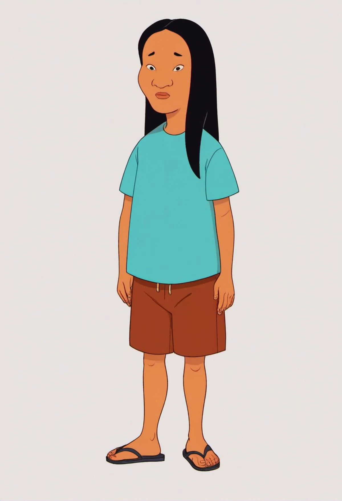 zPDXL, zPDXLxxx, score_9, score_8_up, score_7_up, score_6_up, score_5_up, score_4_up, BREAK <lora:Connie_Souphanousinphone_for_PonyXL:1>, connie_souphanousinphone, solo, shirt, sandals, 1girl, shorts, white background, simple background, full body, long hair, blue shirt, standing, child