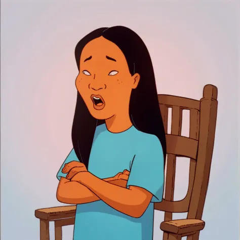 score_9, score_8_up, score_7_up, score_6_up, score_5_up, score_4_up, BREAK connie_souphanousinphone, solo, 1girl, crossed arms, long hair, shirt, open mouth, blue shirt, chair, short sleeves