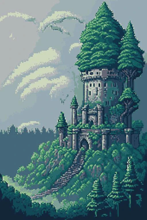 <lora:pixhell15Lora_v10:1>, pixelart, castle, forest, trees, ruins, fog