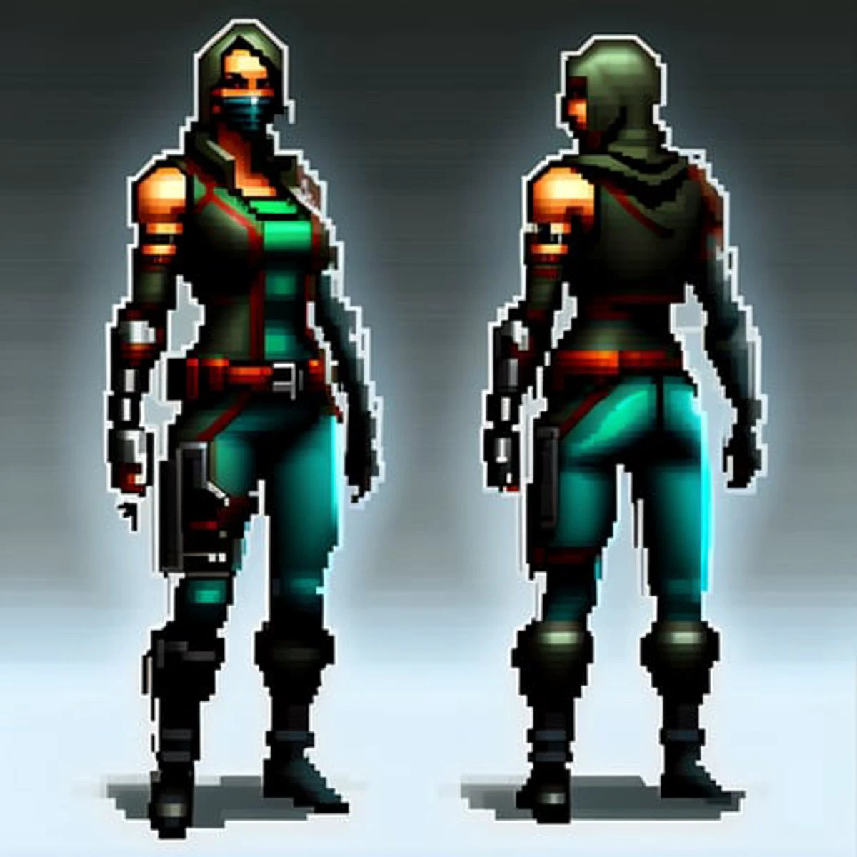 pixelart A cybernetic assassin with a pistol, a stealth mode, and a contract to kill., <lora:pixhell:1>