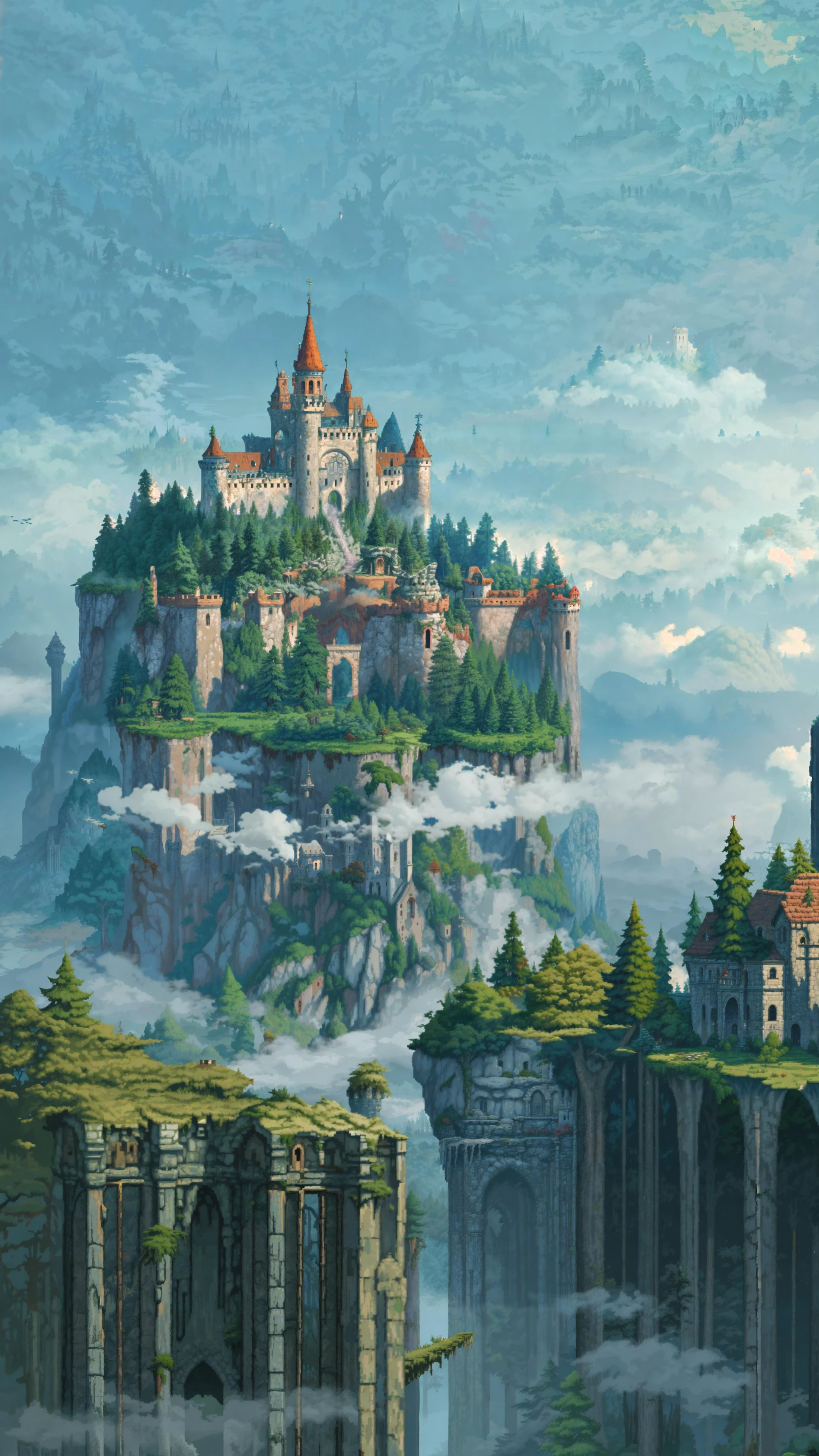 <lora:pixhell15Lora_v10:1>, pixelart, castle, forest, trees, ruins, fog