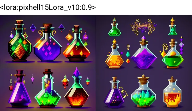 pixelart+++ a collection of glass bottles filled with different items, potions, magical potions, painting of one health potion, magic potions, magical items, potion, alchemy concept, alchemist library background, alchemical equipment, fantasy alchemist laboratory, magical elements, magic artifacts, an alchemical art illustration, making a potion, vibrant vials, colorful spells, vials<lora:pixhell15Lora_v10:0.9>