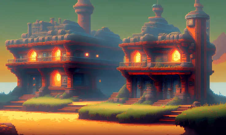 pixelart video game environment, 2D stylized environment small forest russian medium city sunset at day , with people walking around, fine details, award winning image, highly detailed, 16k, cinematic perspective, ((video game environment concept art style)), pretty colors, asymmetrical camera composition, cinematic environment, cinematic movie atmosphere, <lora:pixhell:1>, pixelart style