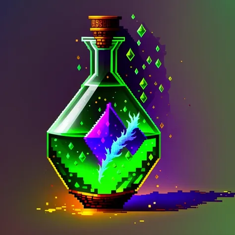 pixelart+++ a glass bottle with a liquid inside of it, painting of one health potion, fantasy game spell icon, an alchemical art illustration, alchemy concept, world of warcraft spell icon, hyper realistic poison bottle, bio chemical illustration, fantasy alchemist laboratory, magic spell icon, poison, potion, potions, a wizard's apothecary, alchemical still, making a potion <lora:pixhell15Lora_v10:0.9>