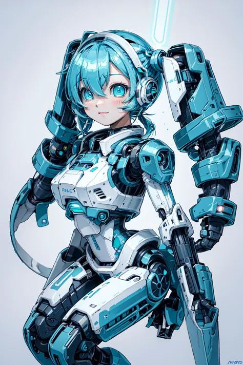 best quality, droid, robot, smooth white head, blue light on its smooth face,(luminous eyes:1.2), teal hair, twintails, hatsune miku, (tactical vest,reinforced body with smooth metal:0.6)<lora:Droid V2:0.55> <lora:add_detail:0.6>