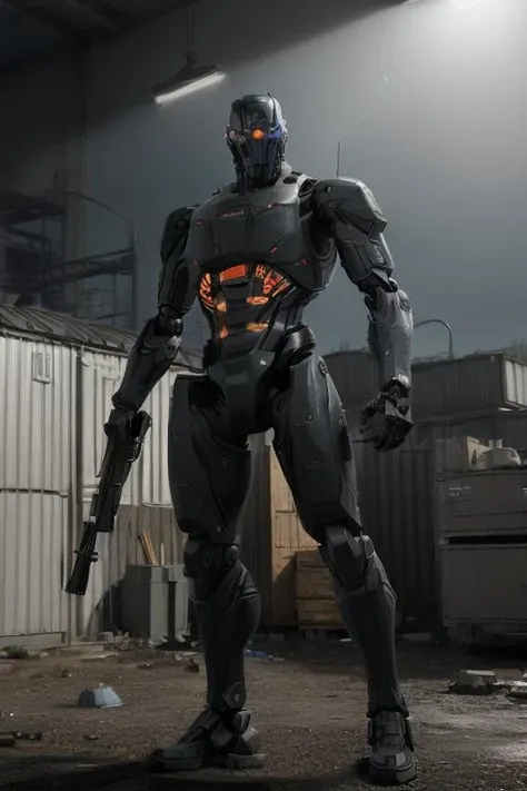 (biologic human:1.5) Robot with strong armor <lora:Droid V2:0.3>, (with rifle gun:1.3) (in dark in indutrial background, factory, workshop, shed, volumetric lighting, epic:1.2)