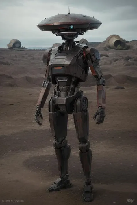 Robot droid with (large oval head and red piping on the body:0.7) <lora:Droid V2:0.7> (contemplating a natural landscape with a futuristic building in the distance:1.2)