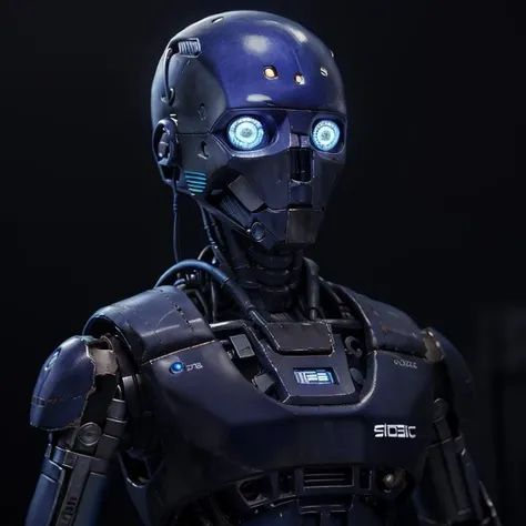 Portrait of Robot droid with blue light on its smooth face and cable on the body <lora:Droid V2:0.5> look up