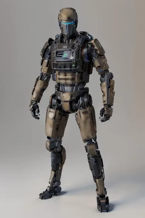 Robot droid with blue light on its smooth face and tactical vest, black body, armored beige metal arm and leg, mechanical soldier  <lora:Droid V2:0.7>