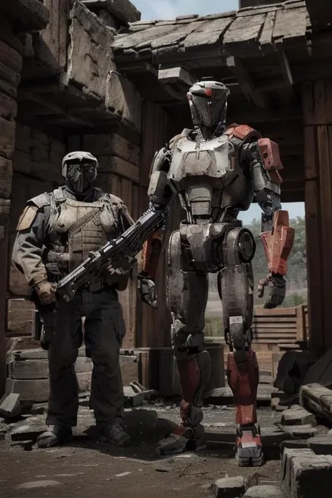(volumetric lighting, epic:1.2)
AND tall Robot with strong armor <lora:Droid V2:0.7>
AND a normal sized human (with rifle gun:1.3)