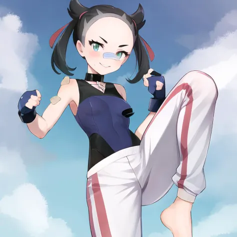 (masterpiece, best quality), 1girl, Baby blue Faux Hawk Updo with Hair Rings, small breasts, <lora:maylene_outfit:0.8> maylene_outfit, leotard, blue leotard, bodysuit, blue bodysuit, pants, white pants, sweatpants, barefoot, feet, bandaid, bandaid on face, blue gloves, fingerless gloves