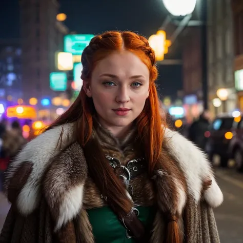 <lora:sptrn2-24:1> a photo of sptrn ,red hair, long braided hair, wearing fur jacket,full body, masterpiece, city street, neon lights,extreme dof,bokeh