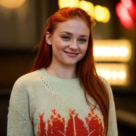<lora:sptrn2-24:1> a photo of sptrn , red hair, smile, wearing sweater, masterpiece, city street, neon lights,extreme dof,bokeh