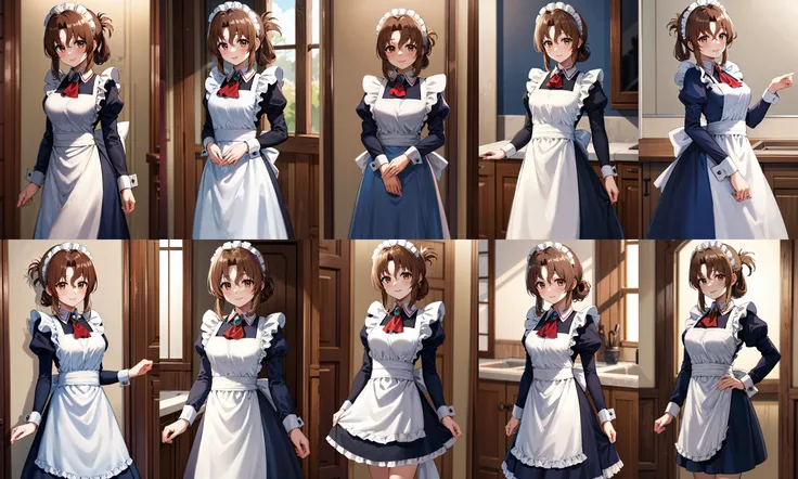 masterpiece, best quality, highres, ma1, maid, maid headdress, brown eyes, long sleeves, maid apron, white apron, blue dress, juliet sleeves, red ascot, frills, <lora:maria_v10:0.7>, cowboy shot, smile, standing,