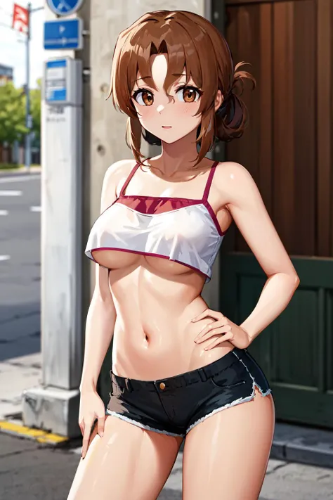 masterpiece, best quality, highres, ma1, brown eyes, <lora:maria_v10:0.7>, camisole, short shorts, midriff, street, panties, underboob, underboob cutout,